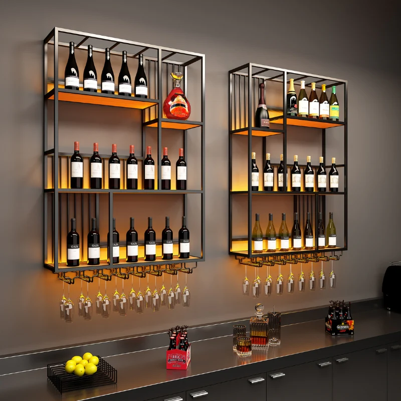Modern Industrial Wall-Mounted Wine & Spirits Rack with LED Lighting and Hanging Wine Glass Holder - Image 4