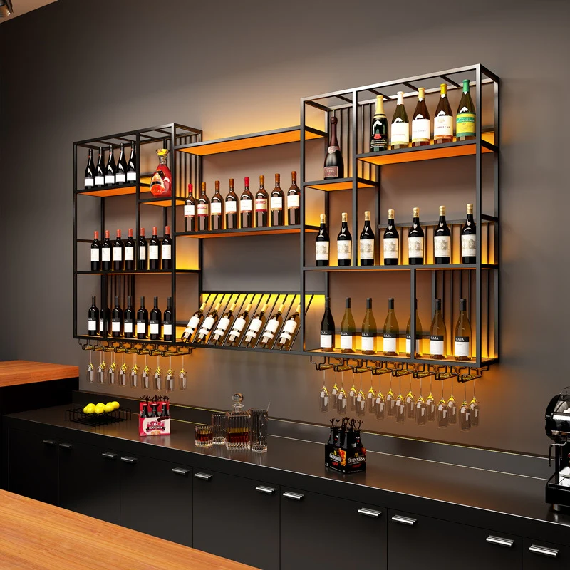 Modern Industrial Wall-Mounted Wine & Spirits Rack with LED Lighting and Hanging Wine Glass Holder - Image 5