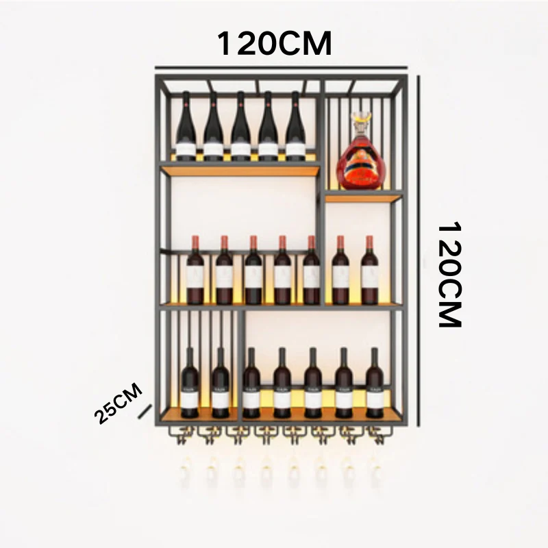 Modern Industrial Wall-Mounted Wine & Spirits Rack with LED Lighting and Hanging Wine Glass Holder - Image 7