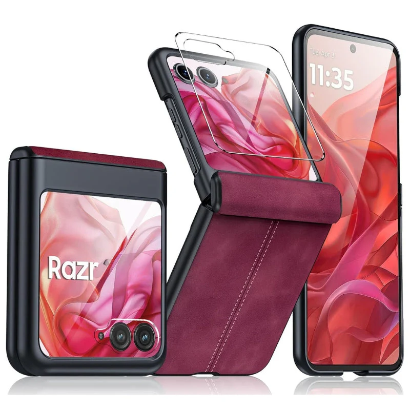 Motorola Moto Razr 50 Ultra/Razr Plus 2024 - Hinge Protection & Thin PU Leather Matte PC Shockproof Case With 1PC Tempered Glass Outer Screen Protector - Image 2