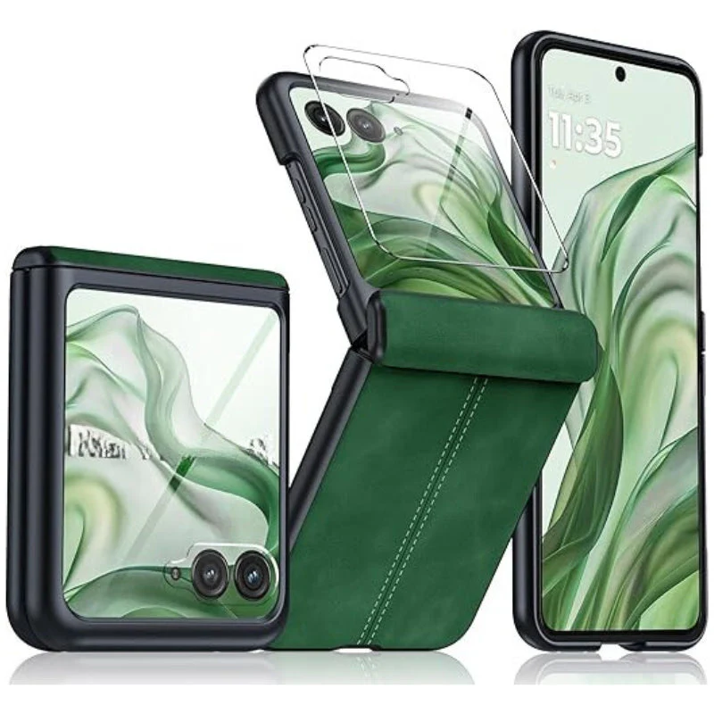 Motorola Moto Razr 50 Ultra/Razr Plus 2024 - Hinge Protection & Thin PU Leather Matte PC Shockproof Case With 1PC Tempered Glass Outer Screen Protector - Image 4