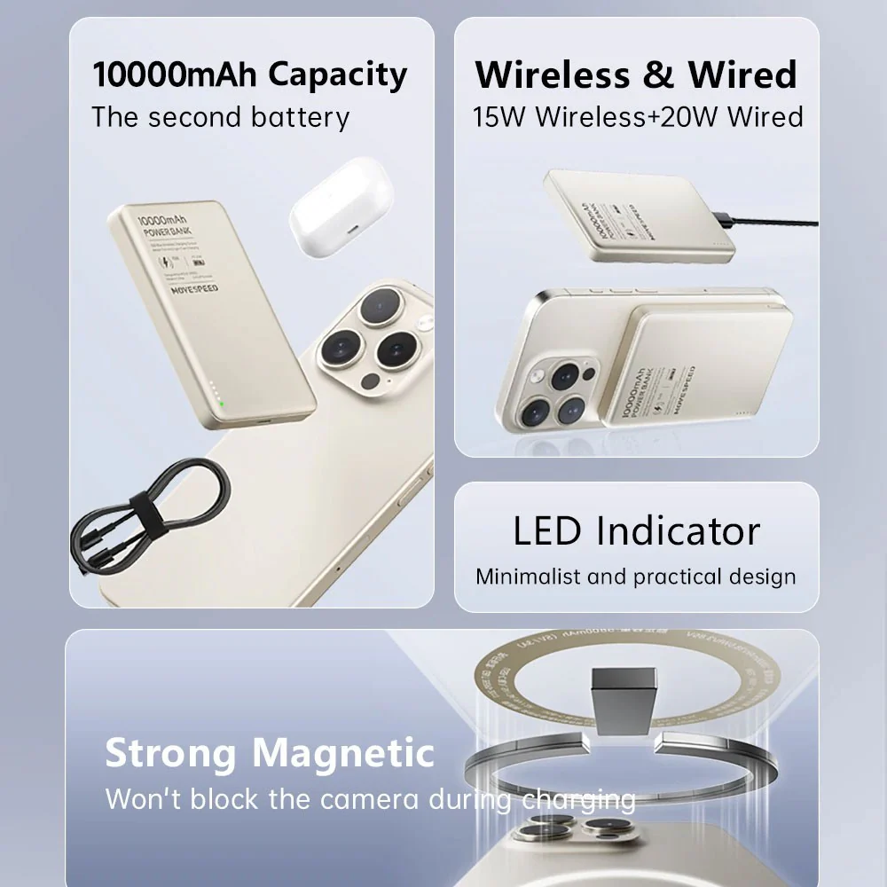 MOVE SPEED S10 Ultra-thin Titanium Magnetic Power Bank 10000mAh PD20W (YSPBS10) - Image 5