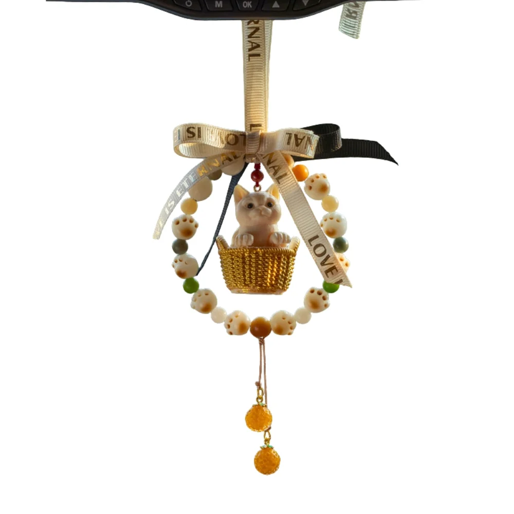 Natural Tagua Nut Flower Basket Cartoon Cat Car Rearview Mirror Pendant Car Interior Cute Creative Gift - Image 2
