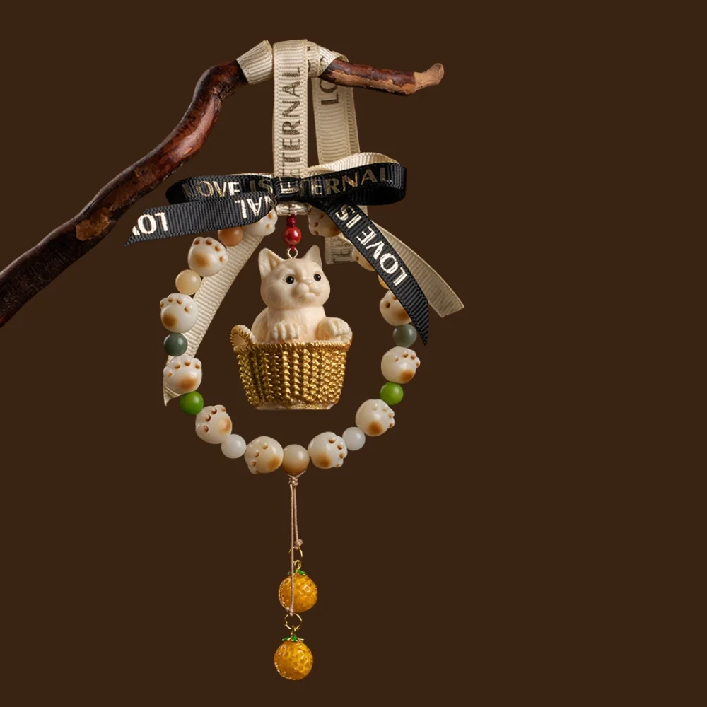 Natural Tagua Nut Flower Basket Cartoon Cat Car Rearview Mirror Pendant Car Interior Cute Creative Gift - Image 3