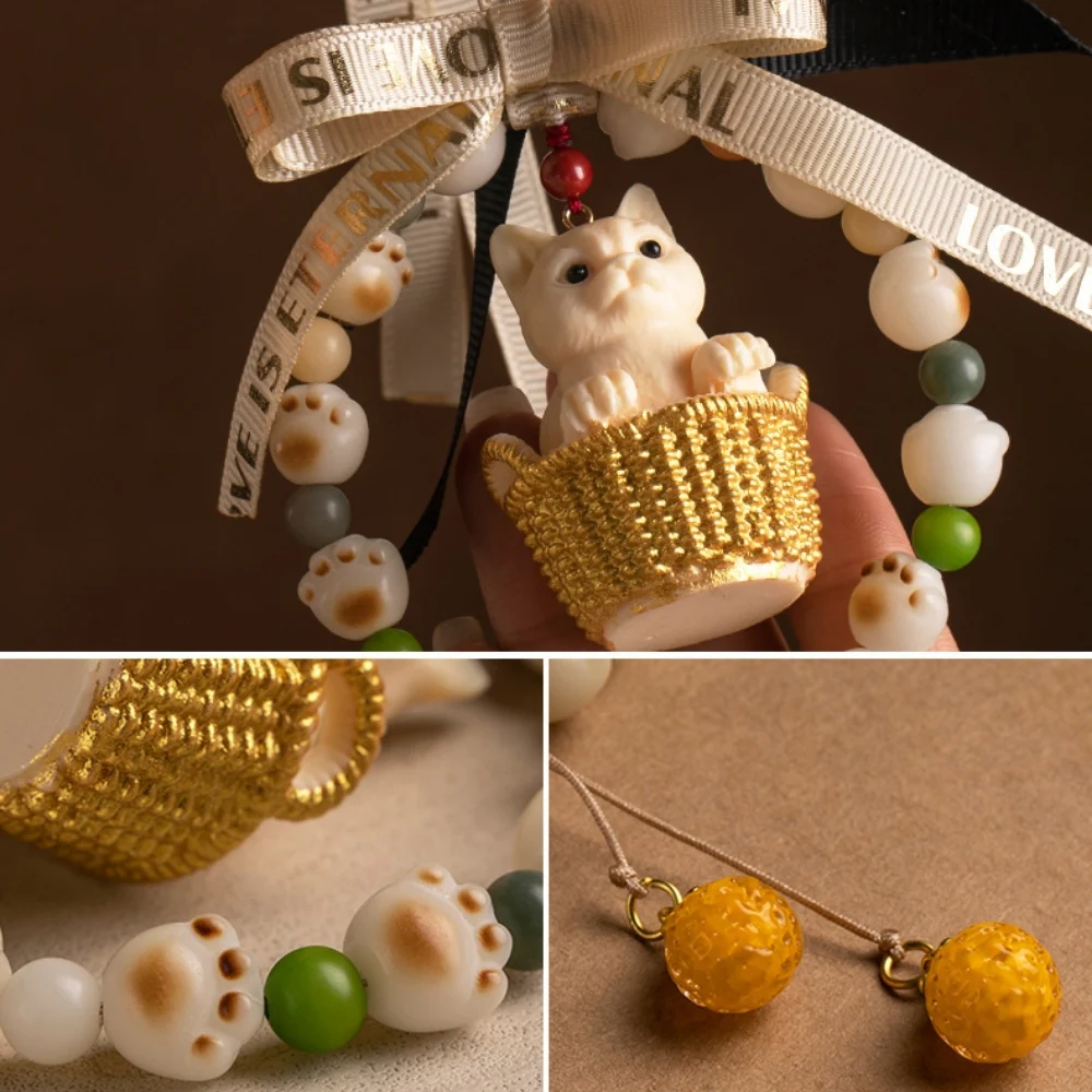 Natural Tagua Nut Flower Basket Cartoon Cat Car Rearview Mirror Pendant Car Interior Cute Creative Gift - Image 4