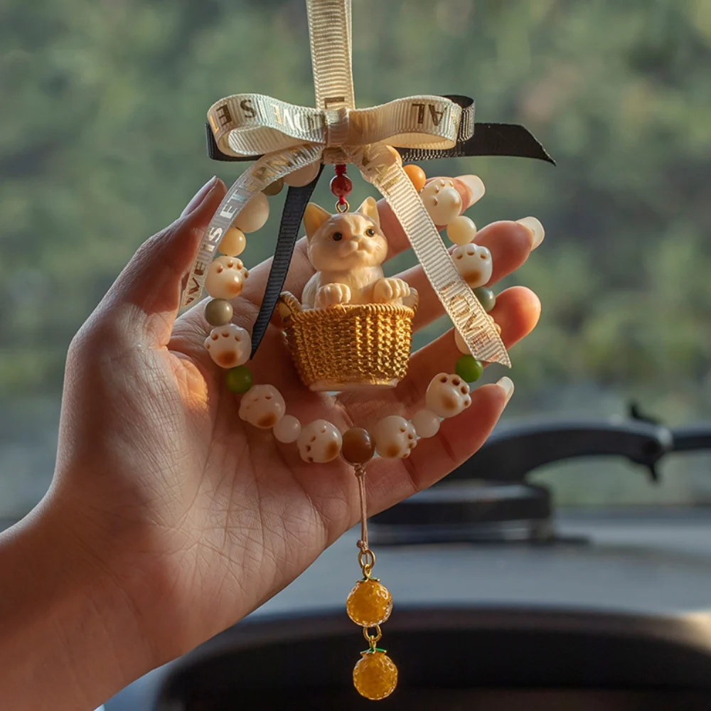 Natural Tagua Nut Flower Basket Cartoon Cat Car Rearview Mirror Pendant Car Interior Cute Creative Gift - Image 6