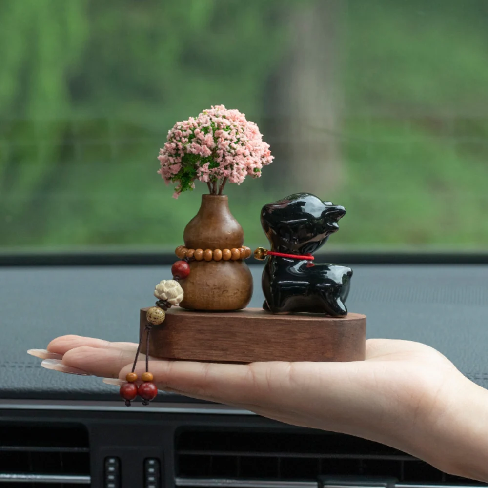 Pink Flower Ceramic Deer Walnut Wood Car Dashboard Ornament Car Interior Aroma Diffuser - Image 12