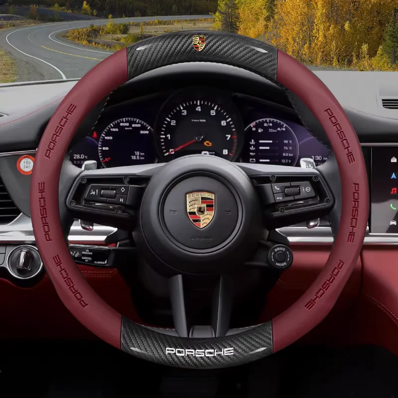 Porsche Carbon Fiber & Soft Suede Leather Luxury Grip & Anti-Slip Protection Steering Wheel Cover For Cayenne, Macan,  Panamera, 718, Taycan, 911 - Image 15
