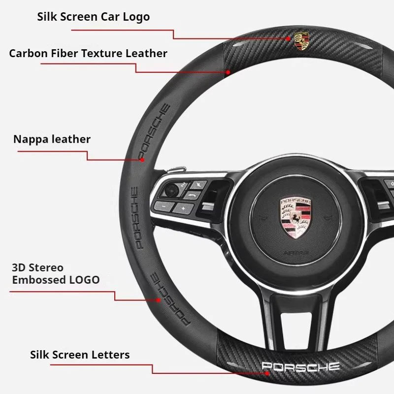 Porsche Carbon Fiber & Soft Suede Leather Luxury Grip & Anti-Slip Protection Steering Wheel Cover For Cayenne, Macan,  Panamera, 718, Taycan, 911 - Image 8