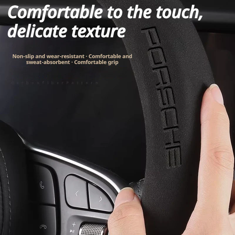 Porsche Carbon Fiber & Soft Suede Leather Luxury Grip & Anti-Slip Protection Steering Wheel Cover For Cayenne, Macan,  Panamera, 718, Taycan, 911 - Image 9