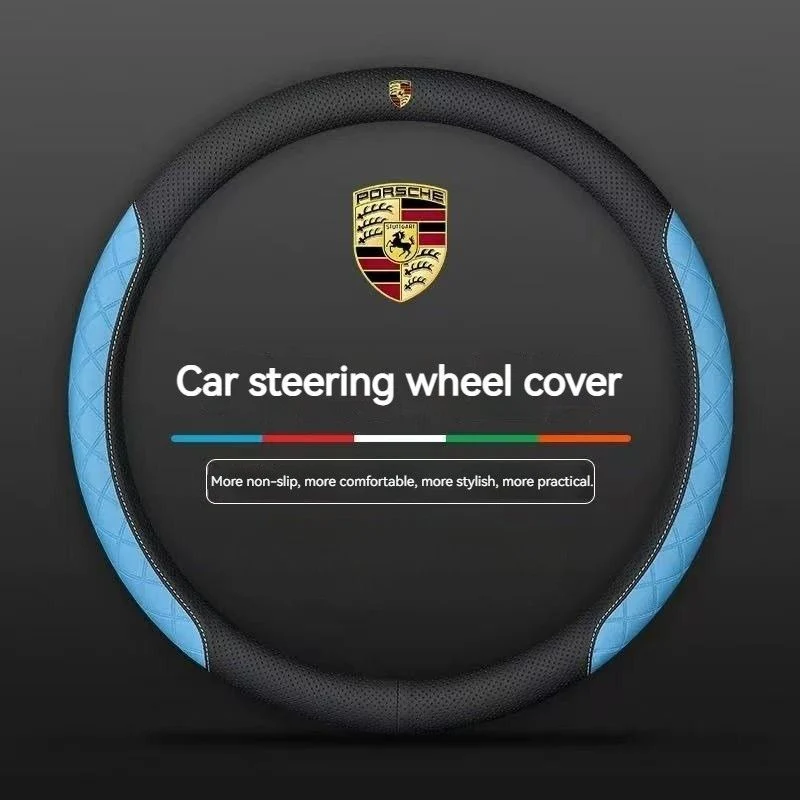 Porsche PU Leather Steering Wheel Cover with Heat-Pressed Embossed Texture For Cayenne, Macan, Panamera, 718, 911, Taycan