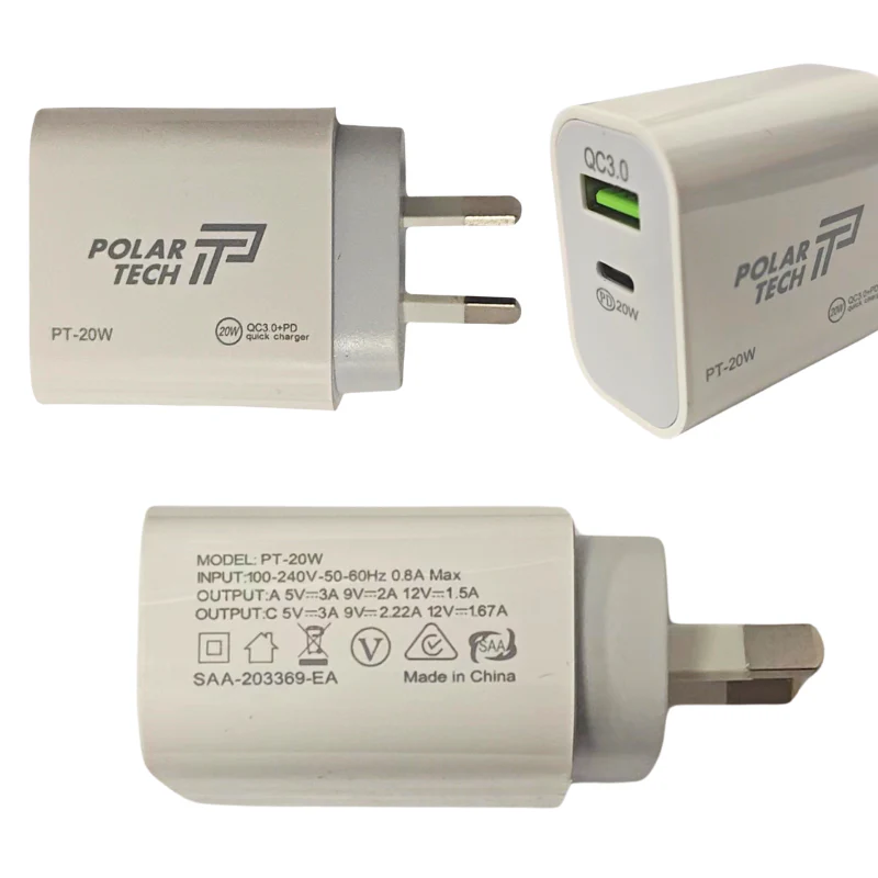 [PT-20W] 20W PD Type-C + QC 3.0 USB Dual Port Wall Travelling Charger Adapter -  (SAA Approved/AU Plug) - Image 2