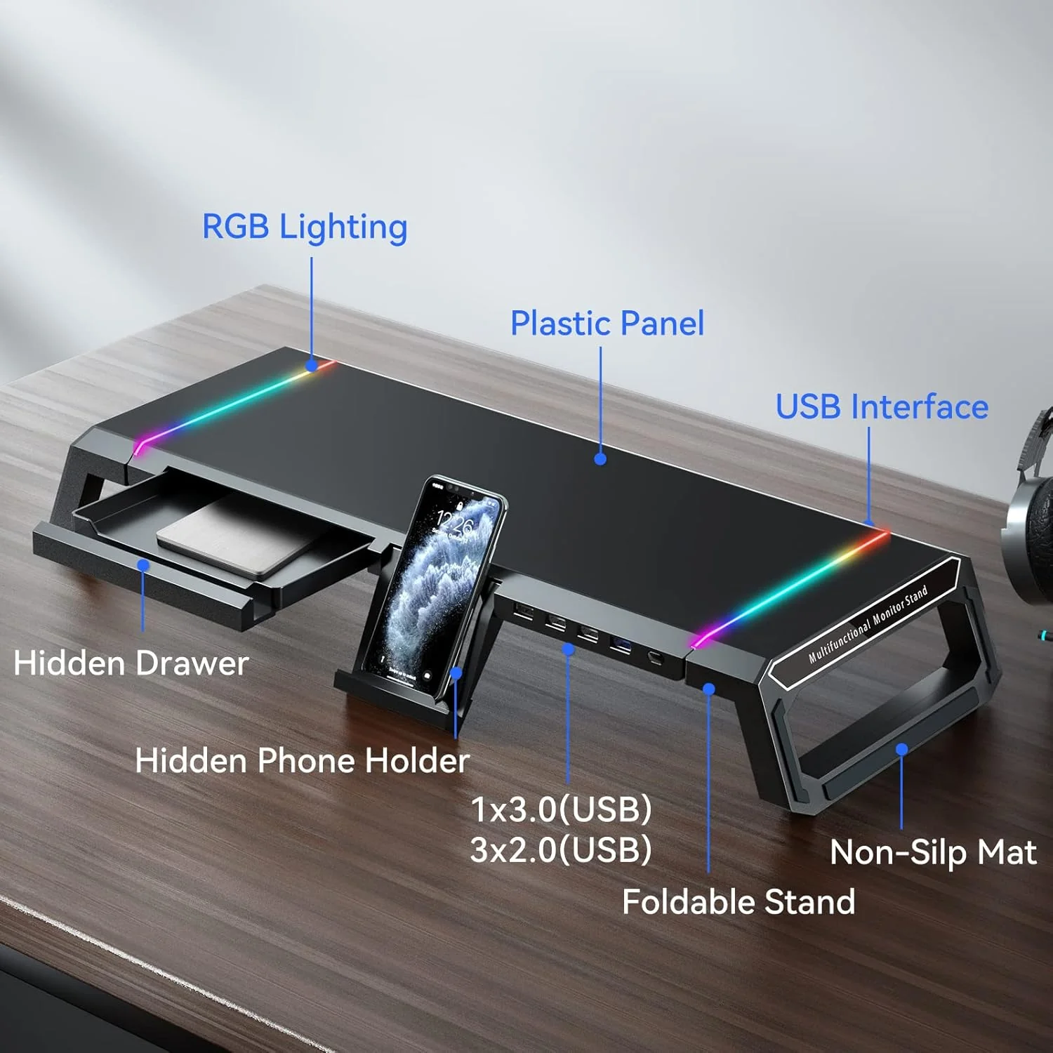 RGB Gaming Computer Monitor Stand Riser with Drawer,Storage and Phone Holder - 1 USB 3.0 and 3 USB 2.0 Hub, 3 Length Adjustable - Image 2