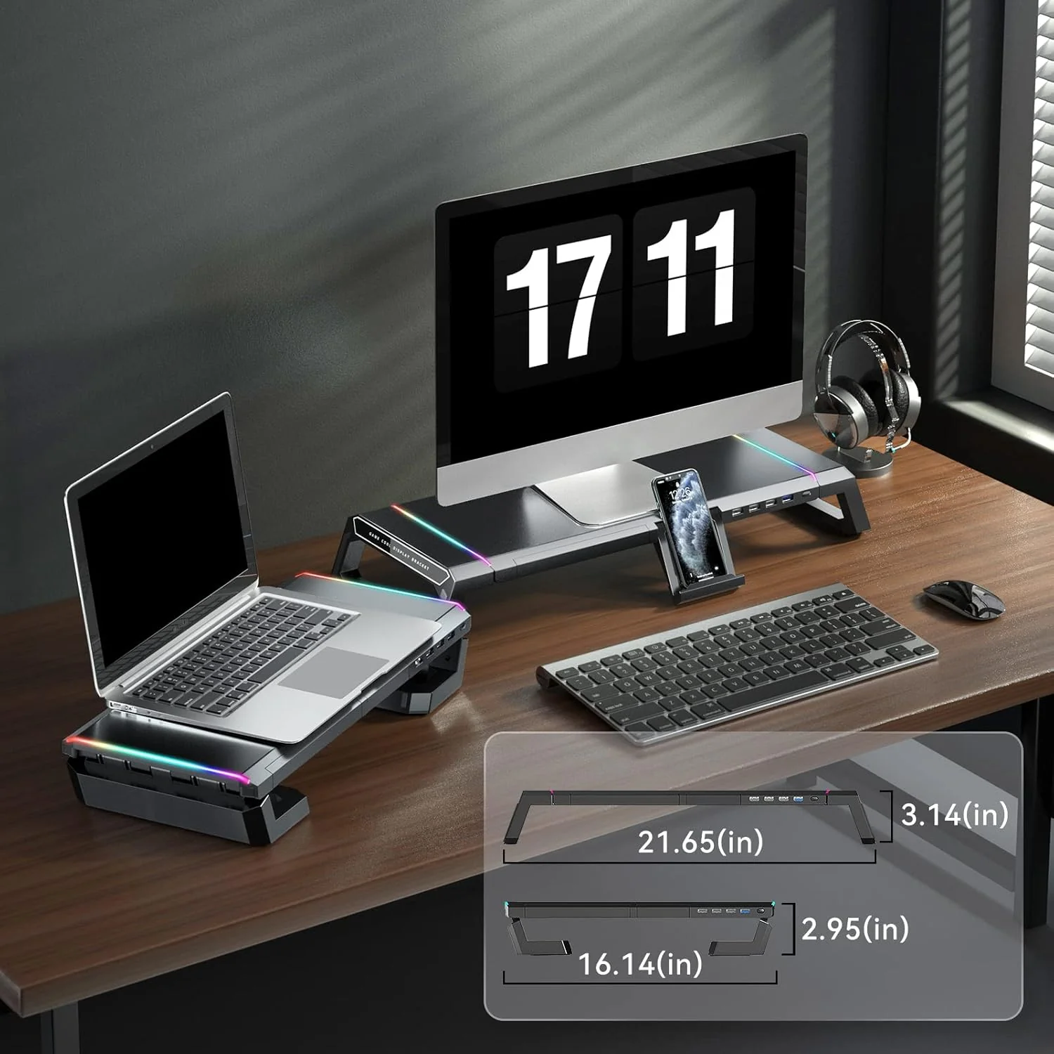 RGB Gaming Computer Monitor Stand Riser with Drawer,Storage and Phone Holder - 1 USB 3.0 and 3 USB 2.0 Hub, 3 Length Adjustable - Image 5