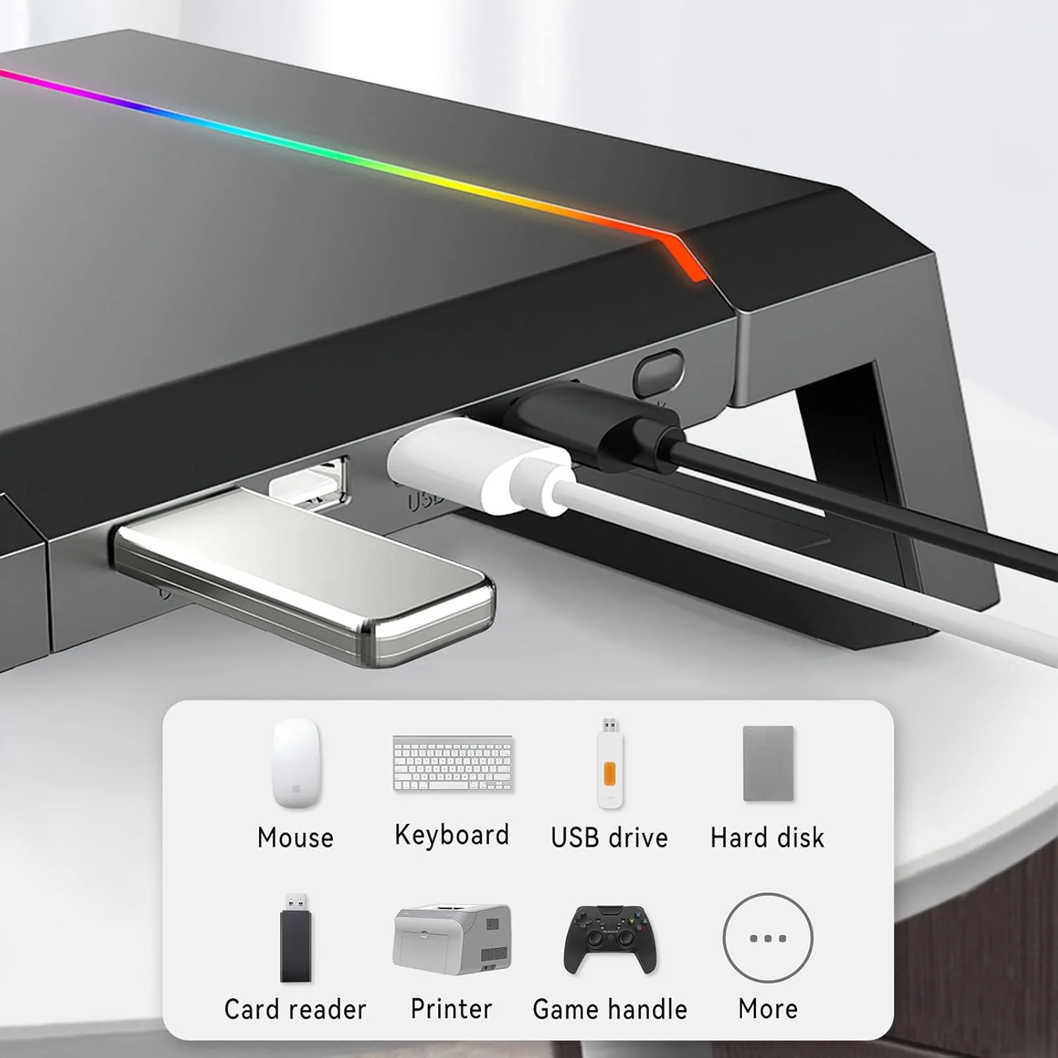 RGB Gaming Computer Monitor Stand Riser with Drawer,Storage and Phone Holder - 1 USB 3.0 and 3 USB 2.0 Hub, 3 Length Adjustable - Image 6
