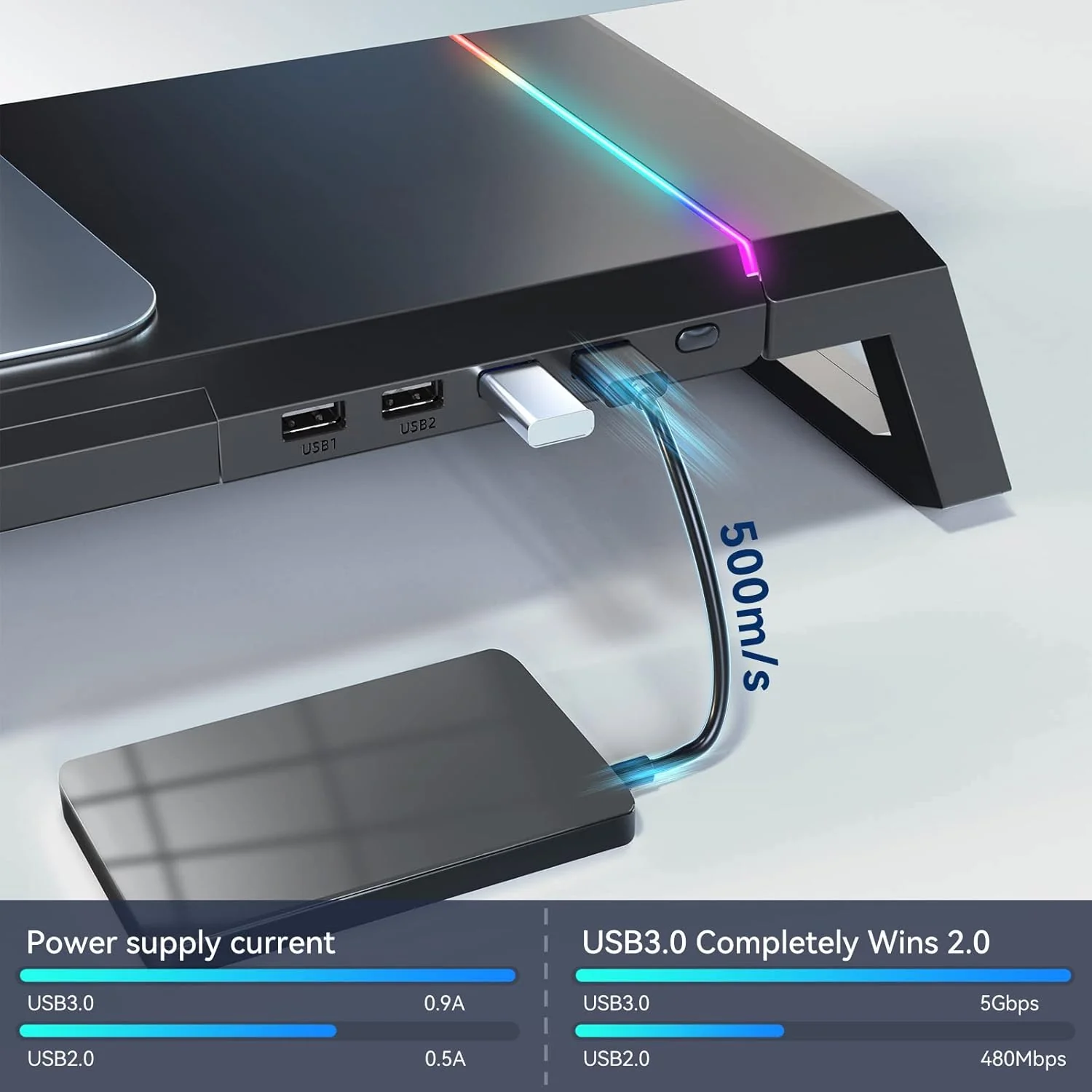 RGB Gaming Computer Monitor Stand Riser with Drawer,Storage and Phone Holder - 1 USB 3.0 and 3 USB 2.0 Hub, 3 Length Adjustable - Image 7