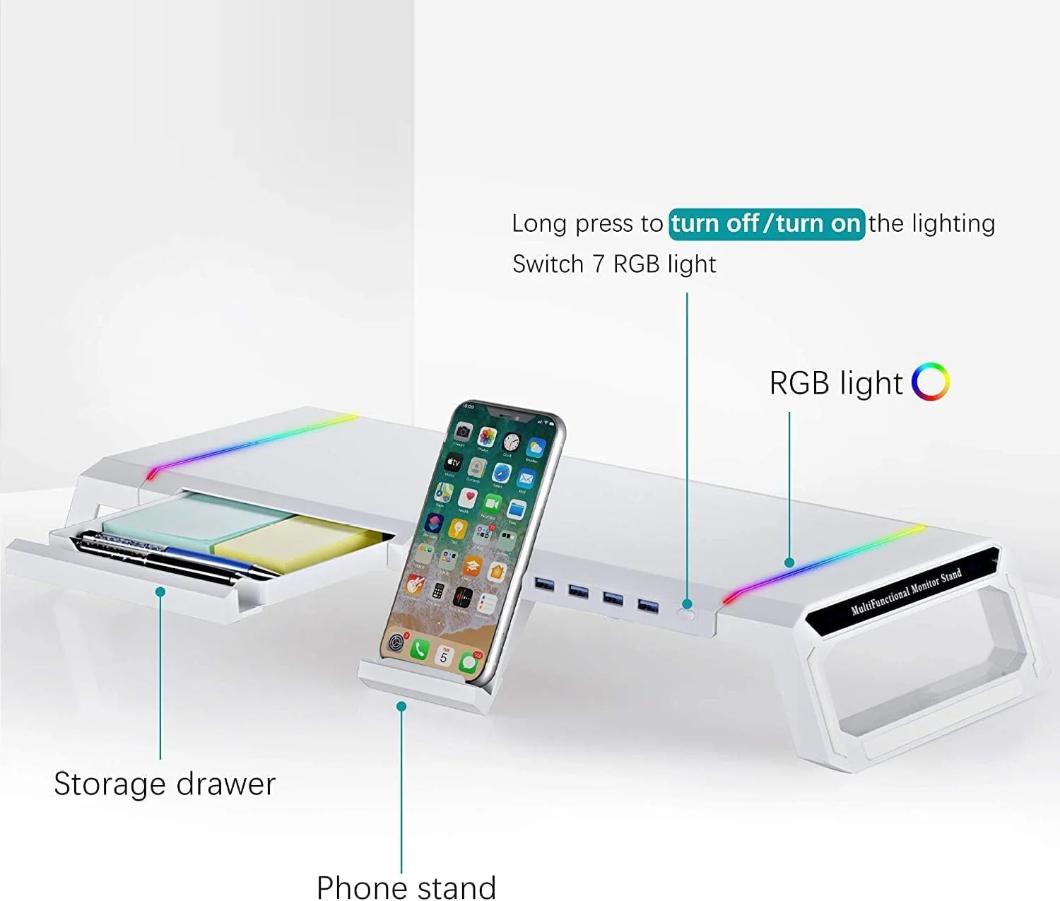 RGB Gaming Computer Monitor Stand Riser with Drawer,Storage and Phone Holder - 1 USB 3.0 and 3 USB 2.0 Hub, 3 Length Adjustable - Image 9