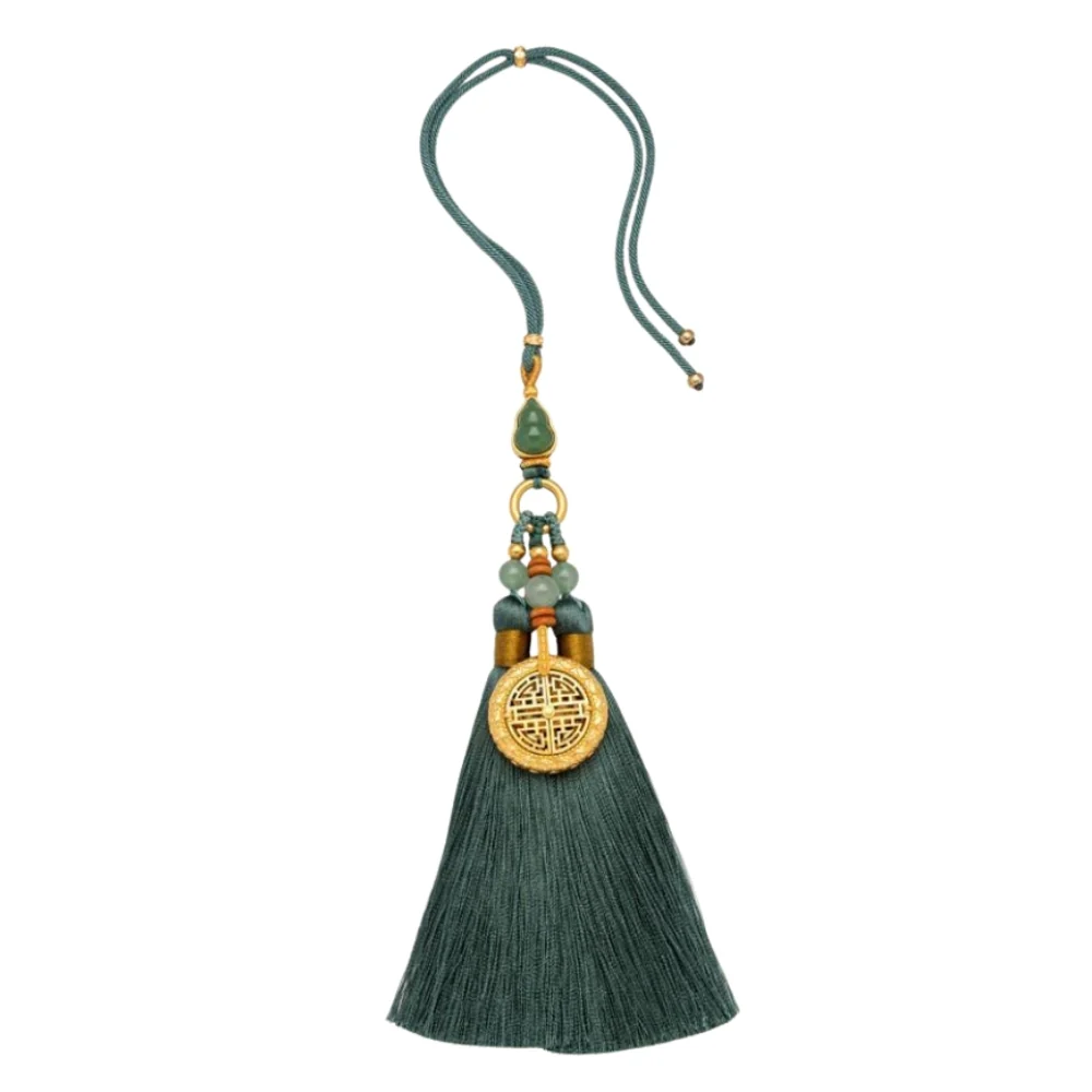 Safety Blessing Handmade Hollow Gold-Plated Box Jade Tassel Car Rearview Mirror Pendant Car Interior Decoration - Image 2