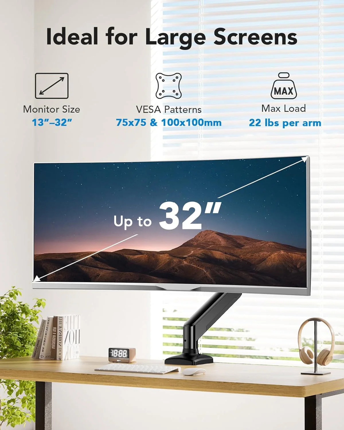Single Monitor Desk Mount, Adjustable Gas Spring Monitor Arm Support Max 32 Inch, Max Load 22 Ibs Screen, Computer Monitor Stand Holder with Clamp/Grommet Mounting Base - Image 7