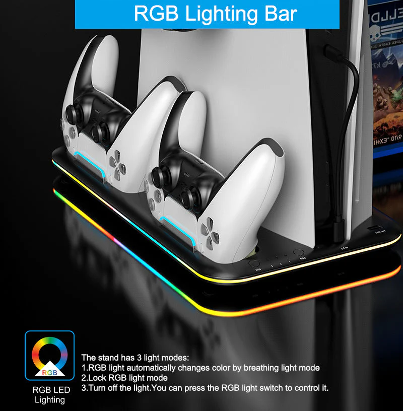 SONY PlayStation 5 / PS5 (Original Version) All-in-one Multifunction Charging Stand with Cooling Fan & RBG Light Effect & Disc Storage - Image 4