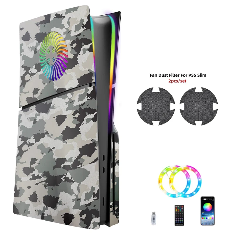 Sony PlayStation PS5 Slim Disc & Digital Edition Camo Matte Console Shell Cover with Venting Holes, Dust Filter & RGB Light Strip – Easy Installation - Image 4