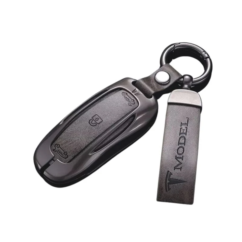 Tesla Metal + PU Leather Smart Car Key Fob Case for Model 3, S, Y, X