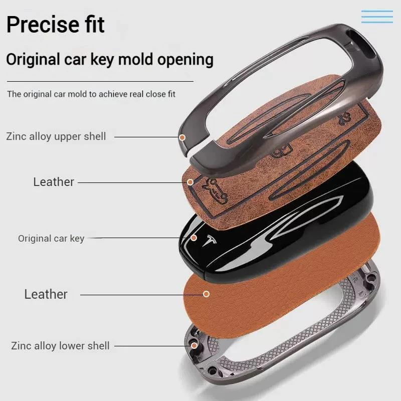 Tesla Metal + PU Leather Smart Car Key Fob Case for Model 3, S, Y, X - Image 3