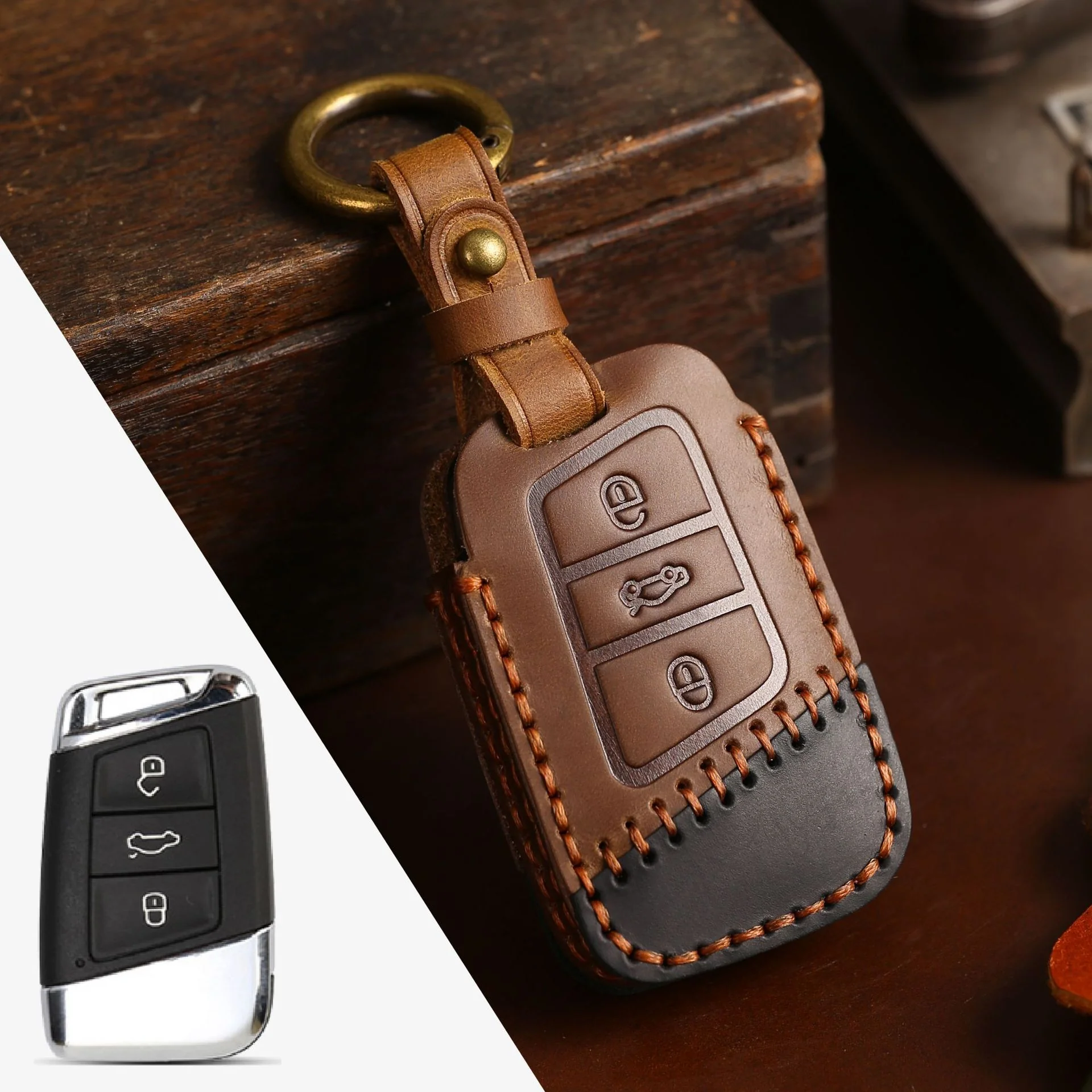 Volkswagen Handcrafted Genuine Leather Car Key Fob Case Cover For Passat, Golf, Magotan, Jetta, Tiguan - Image 19