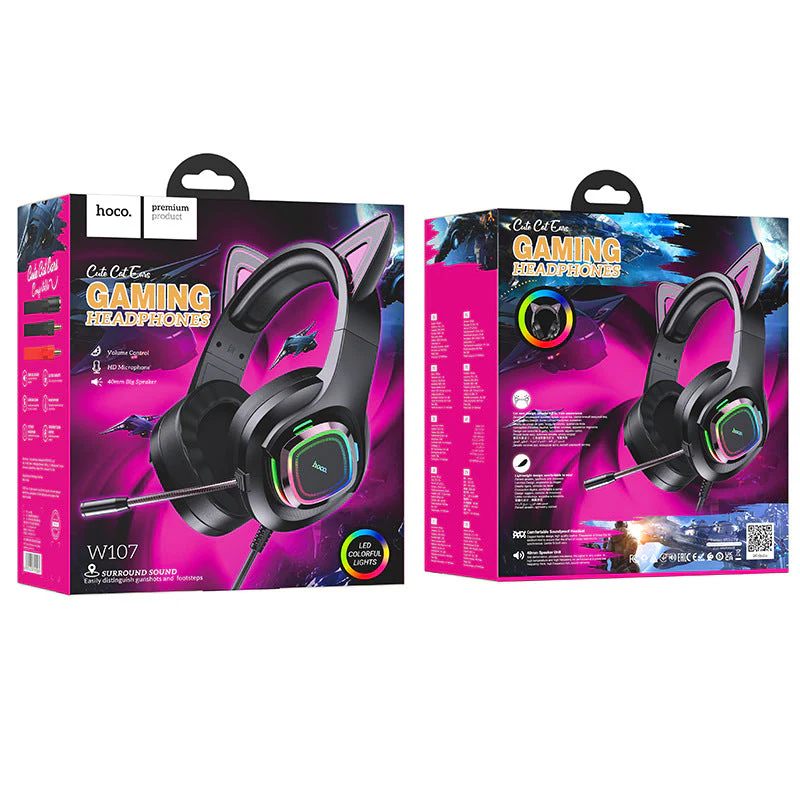 [W107] HOCO Wired RGB Light Cat Ear Style Gaming Earphone Earpod Headphone