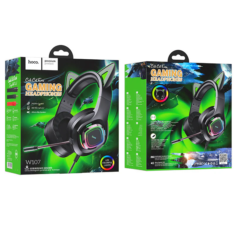 [W107] HOCO Wired RGB Light Cat Ear Style Gaming Earphone Earpod Headphone - Image 3