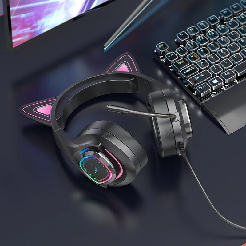 [W107] HOCO Wired RGB Light Cat Ear Style Gaming Earphone Earpod Headphone - Image 4
