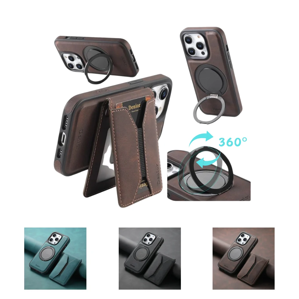 [With Card Slot][Magsafe Compatible] Apple iPhone 15/Plus/Pro/Max - Detachable Card Holder PU Leather Wallet Series Case With 360° Rotatable Ring - Image 3