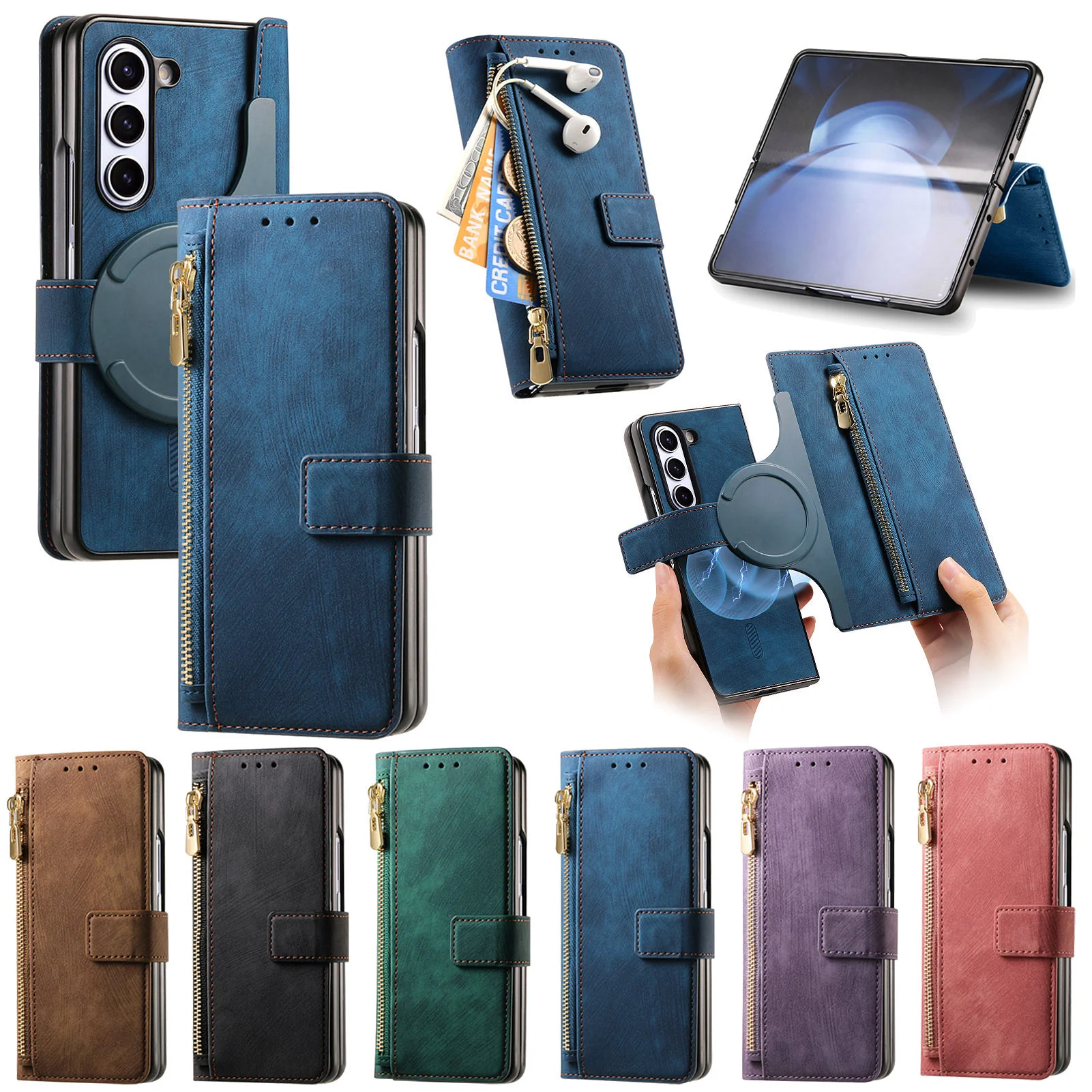 [With Card Slot] Samsung Galaxy Z Fold7 - Multi-functional Leather Wallet Case With Magnetic Flip Cover - Image 3