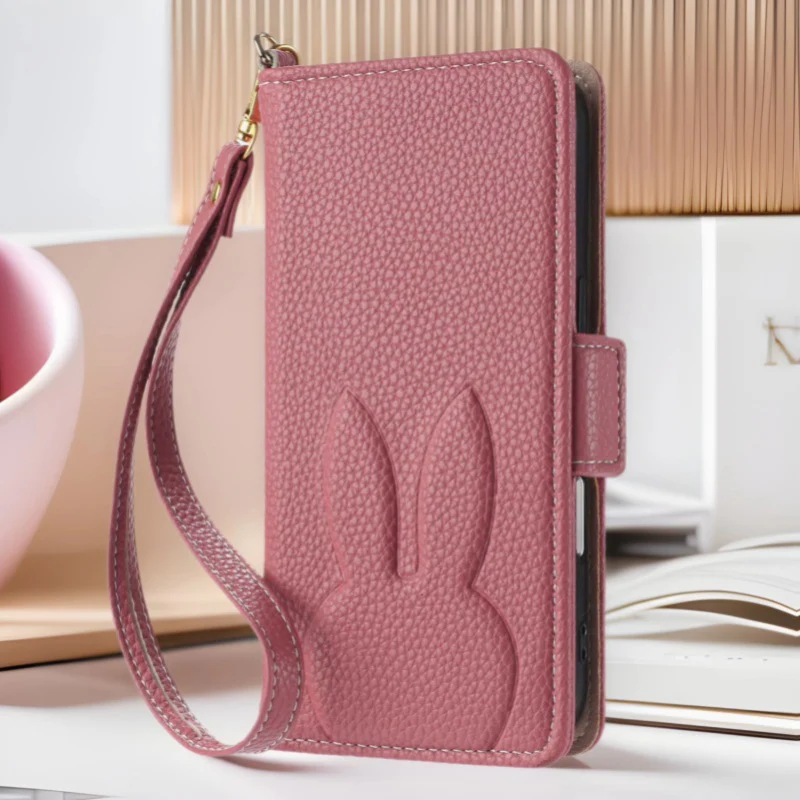 [With Card Slot][With Hand Lanyard] Apple iPhone 15/Pro/Pro Max/Plus Rabbit Embossed PU Leather Flip Cover Case - Image 5