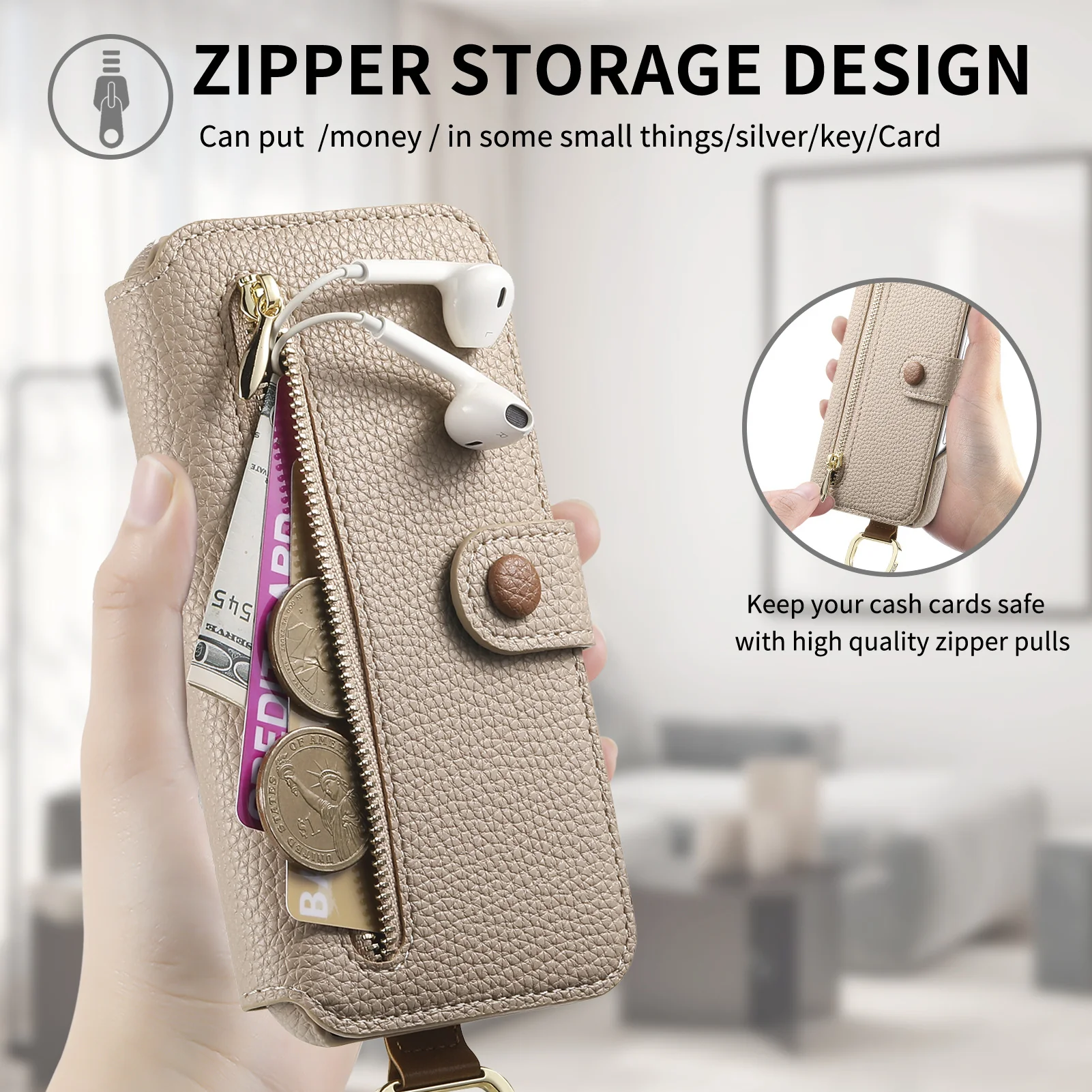 [With RFID Blocking Material] Apple iPhone 16e & 17e - PU Leather Zipper Flip Wallet Series Case - Image 12