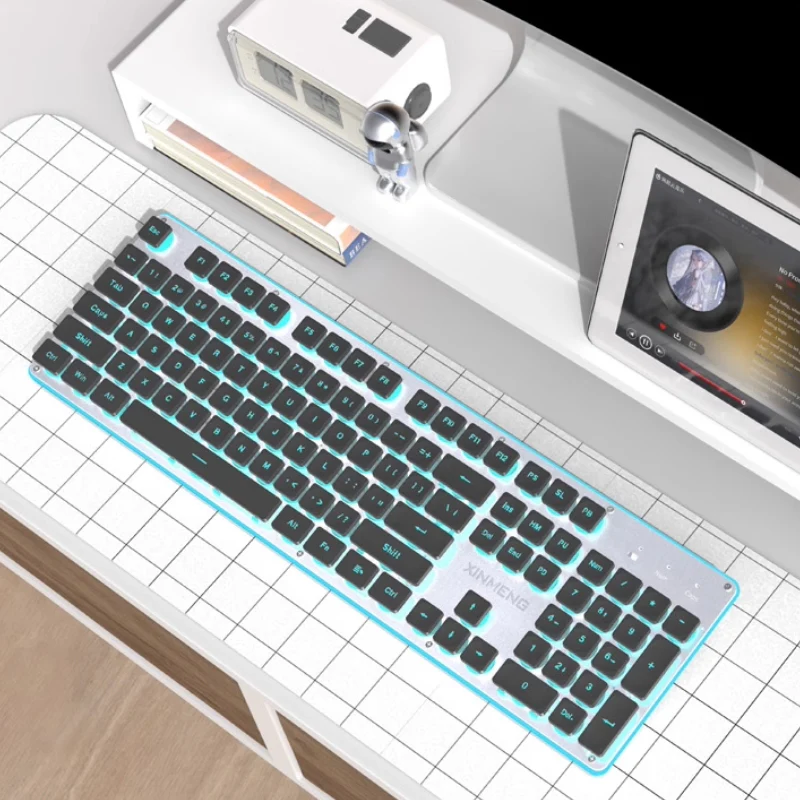 Xinmeng Dual-Mode Keyboard – 104-Key Linear/Tactile Switches, Water-Drop Keycaps, Silent Typing, LED Backlight, Metal Panel