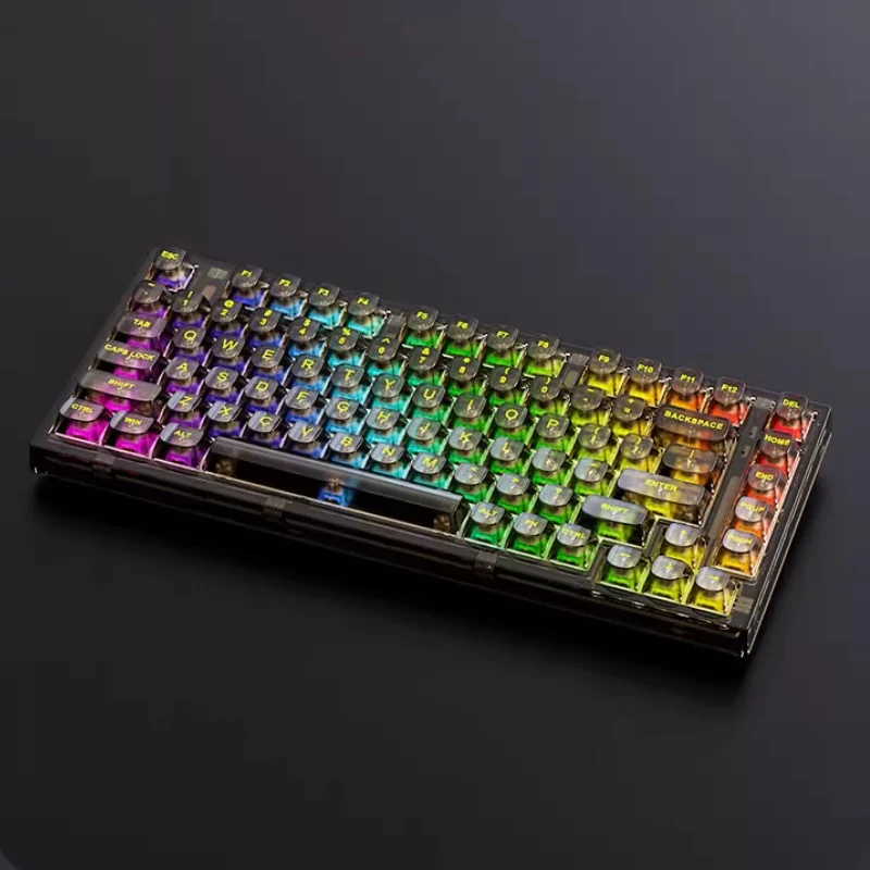 Xinmeng Triple-Mode Mechanical Keyboard – 82-Key Compact Layout, Crystal Transparent Keycaps, Linear White Jade / Ice Salt Switches, RGB Backlight, Wired / Bluetooth / 2.4G Wireless X75
